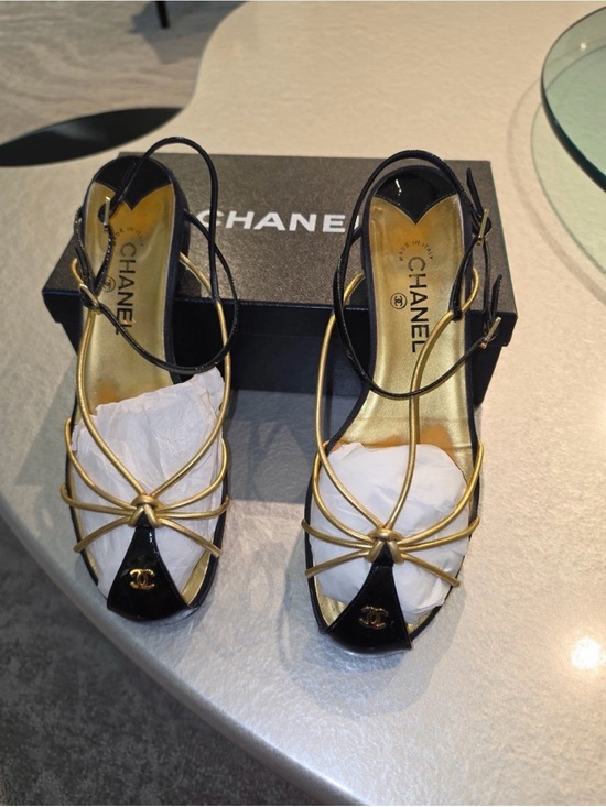 CHANEL Shoes - CHANEL Black & Gold Open-Toe Slingback Heels